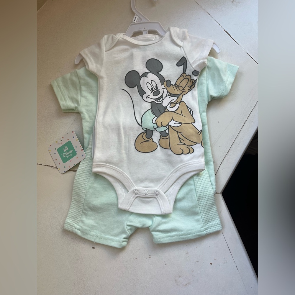Disney White and Mint Mickey & Pluto Baby 3 Piece Set